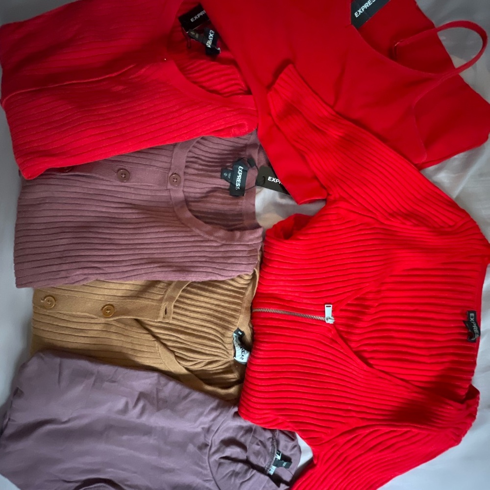 Express bundle Ribbed Knit Sweaters in Red, Purple, and Tan turtle / mock neck